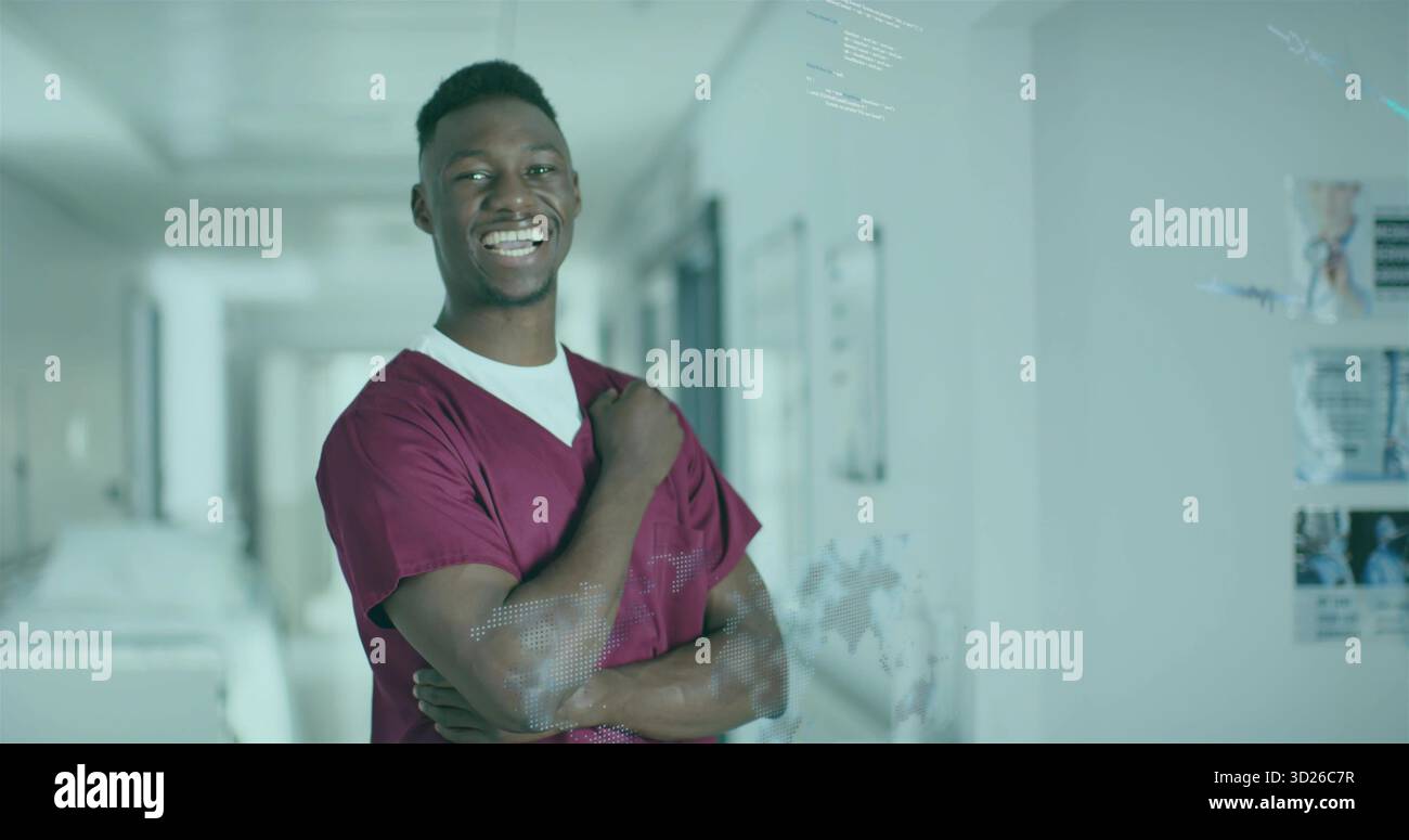 Médecin debout portant des gommages Bordeaux dans le couloir de l'hôpital avec brancard, superpositions numériques Banque D'Images