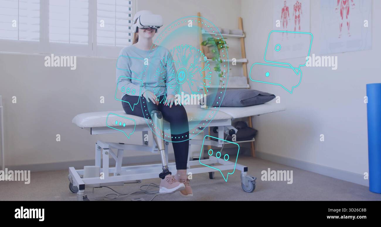 En utilisant un casque VR et une formation de femme de jambe prothétique sur le banc dans la clinique de réadaptation avec des icônes holographiques Banque D'Images