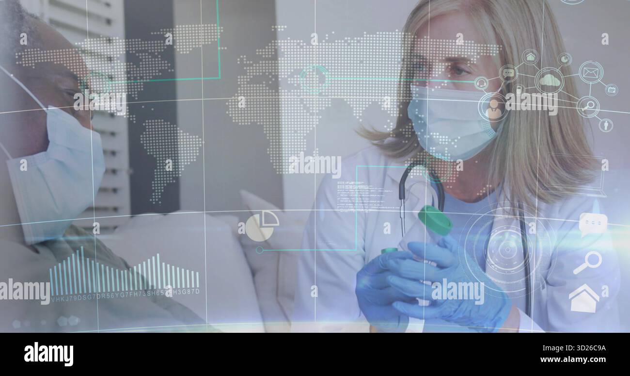 Tenant le docteur en flacon vert discutant du traitement avec le patient dans la salle d'examen avec des superpositions numériques Banque D'Images