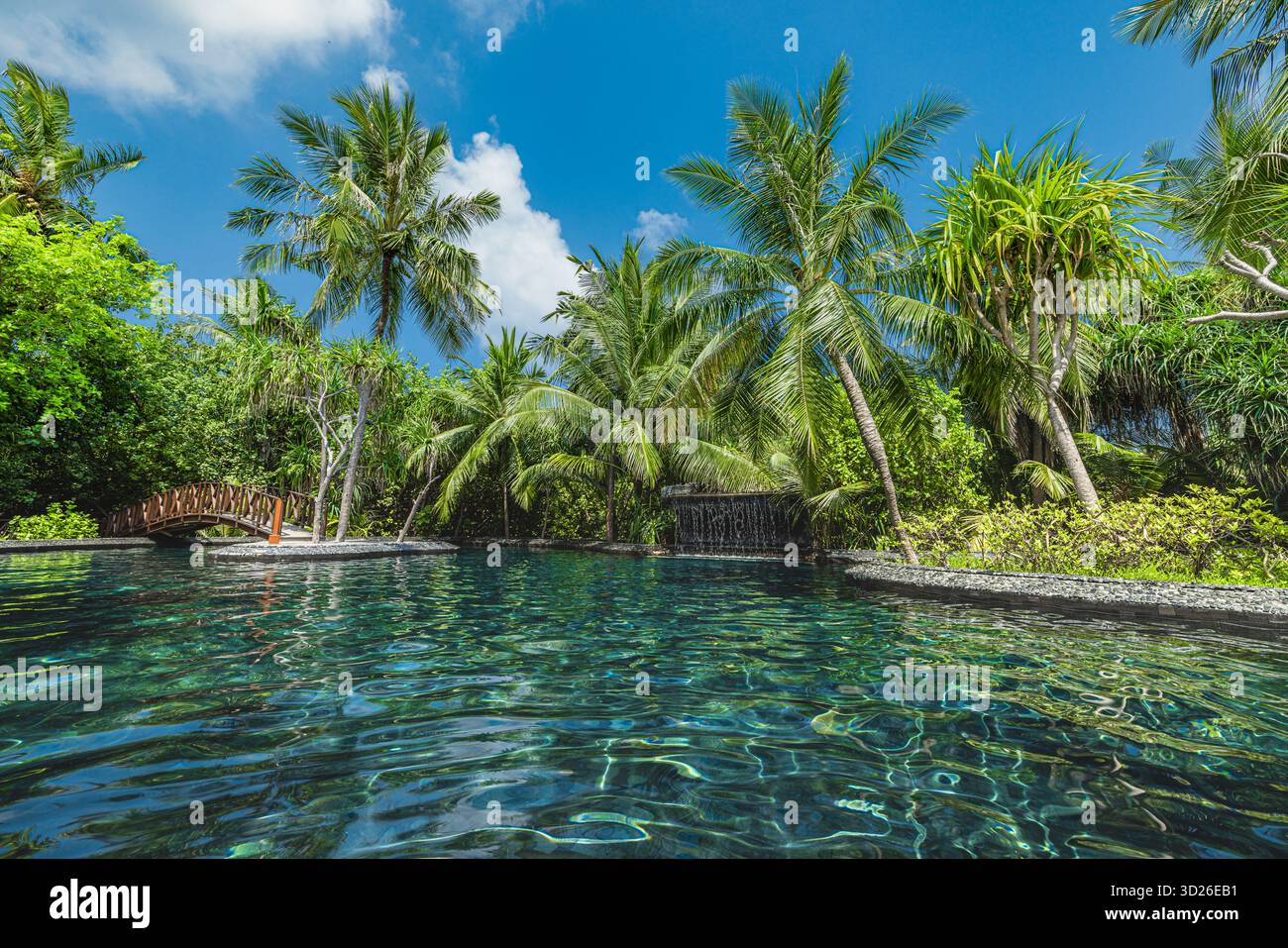 Piscine tropicale de luxe avec cascade, palmiers, paysage de jardin exotique, paradis de vacances serein Banque D'Images