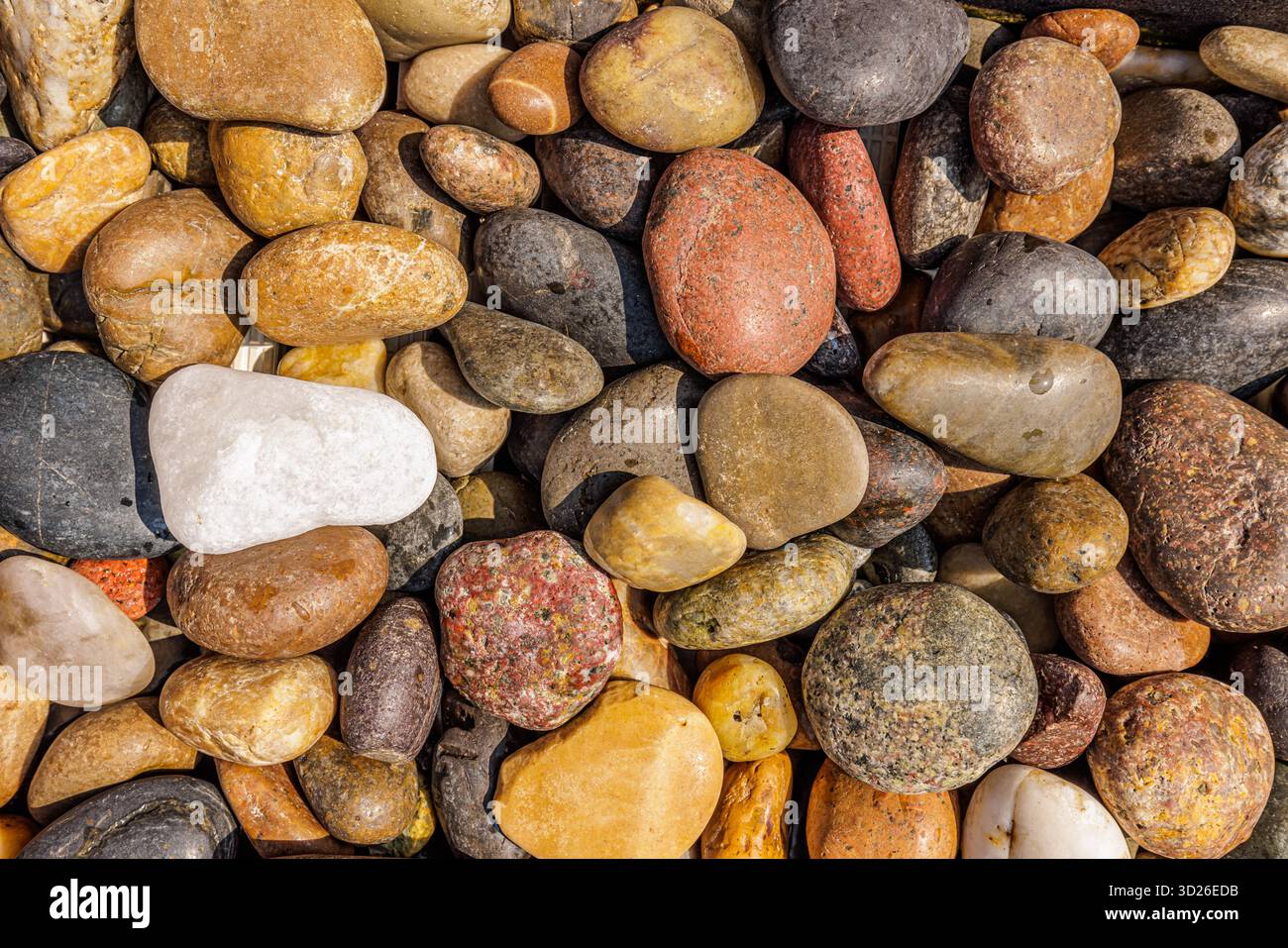 Vue rapprochée sur la plage de galets artistiques, fond de motif de texture de pierre naturelle, abstrait de nature côtière minimaliste Banque D'Images