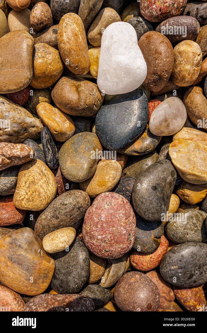 Vue rapprochée sur la plage de galets artistiques, fond de motif de texture de pierre naturelle, abstrait de nature côtière minimaliste Banque D'Images