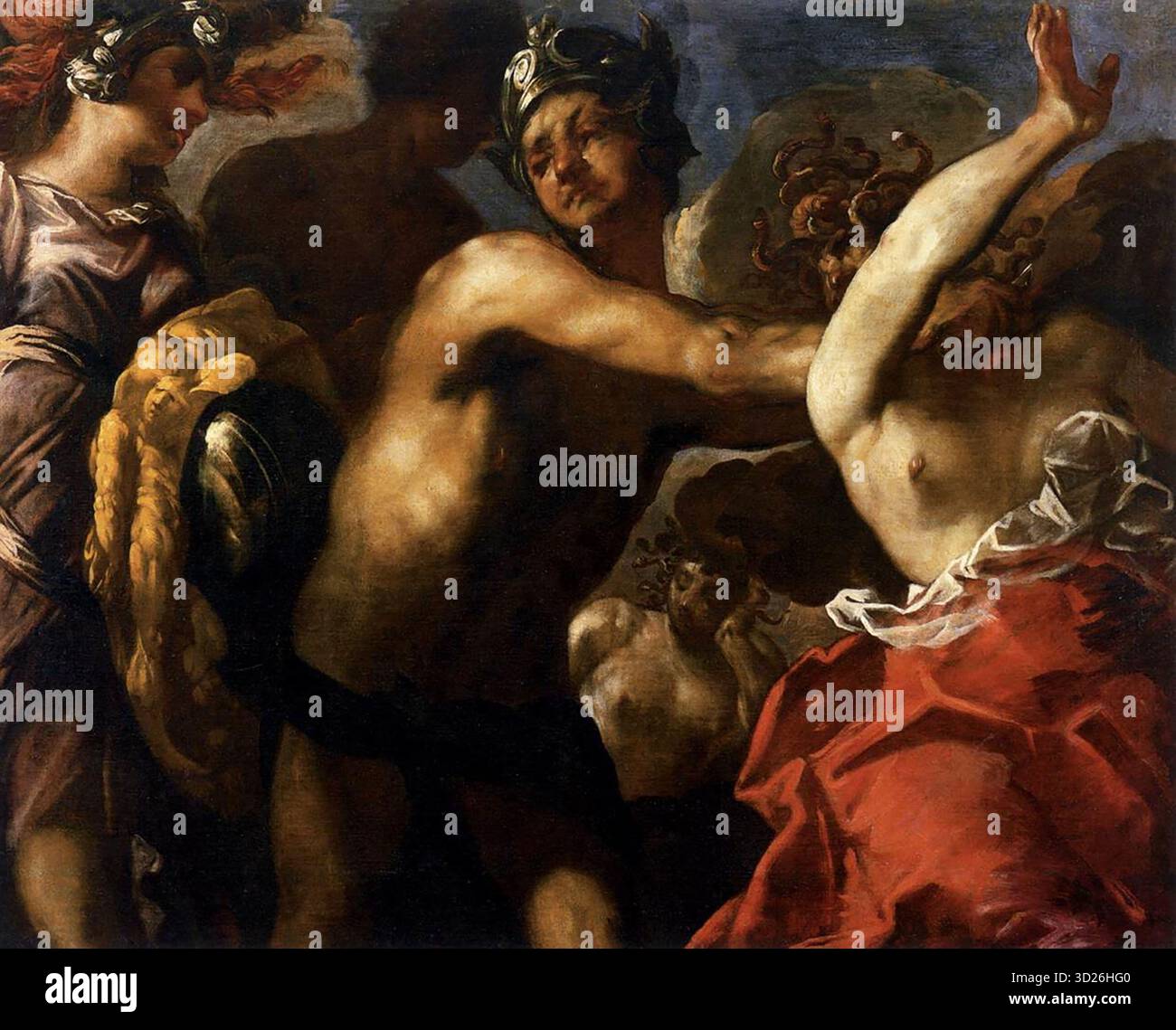 MAFFEI, Francesco (né vers 1600, Vicence, d. 1660, Vicence) Perseus coupe la tête de la Méduse c. 1650 huile sur toile, 130 x 161 cm Gallerie dell'Accademia, Venise après avoir étudié à Vicence sous la direction de Maganza, un peintre manniériste tardif d'importance limitée, Francesco Maffei s'est tourné vers les peintures du Tintoret, Paolo Veronese et Jacopo Bassano et a bientôt atteint un style personnel basé sur une refonte baroque des leçons enseignées par les grands artistes du XVIe siècle. Maffei déménage à Venise en 1638, est attiré par les peintres Liss, Fetti et Strozzi et développe sa propre version de leurs œuvres Banque D'Images