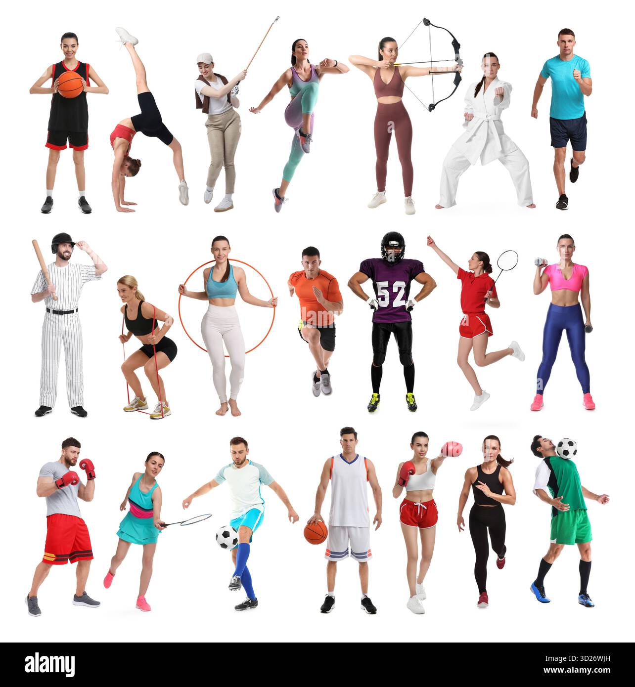 Activités sportives. Différentes personnes en vêtements de sport sur fond blanc, collage Banque D'Images