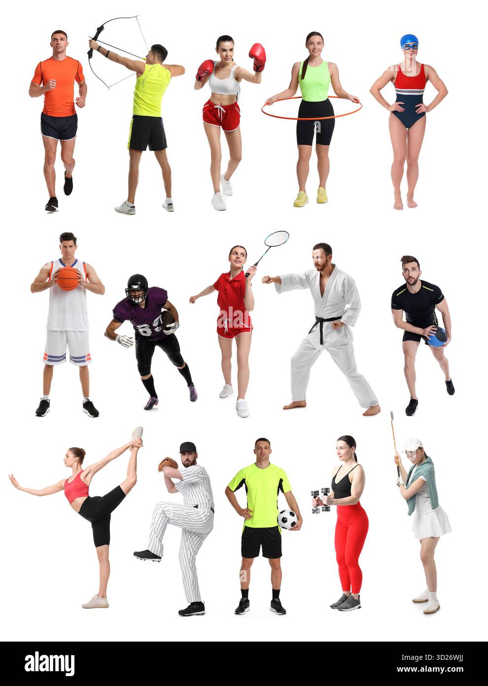 Activités sportives. Différentes personnes en vêtements de sport sur fond blanc, collage Banque D'Images