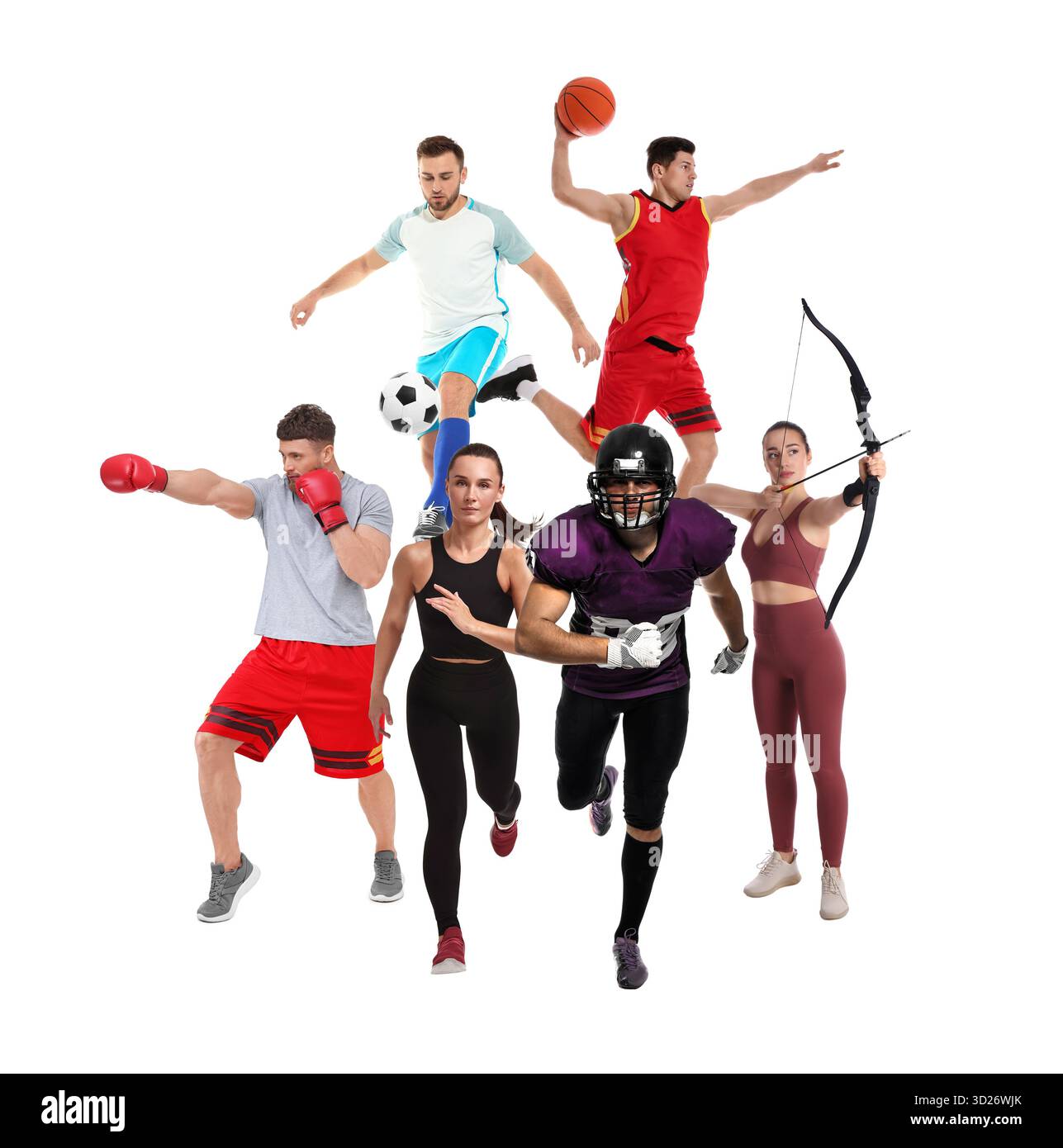 Activités sportives. Différentes personnes en vêtements de sport sur fond blanc, collage Banque D'Images