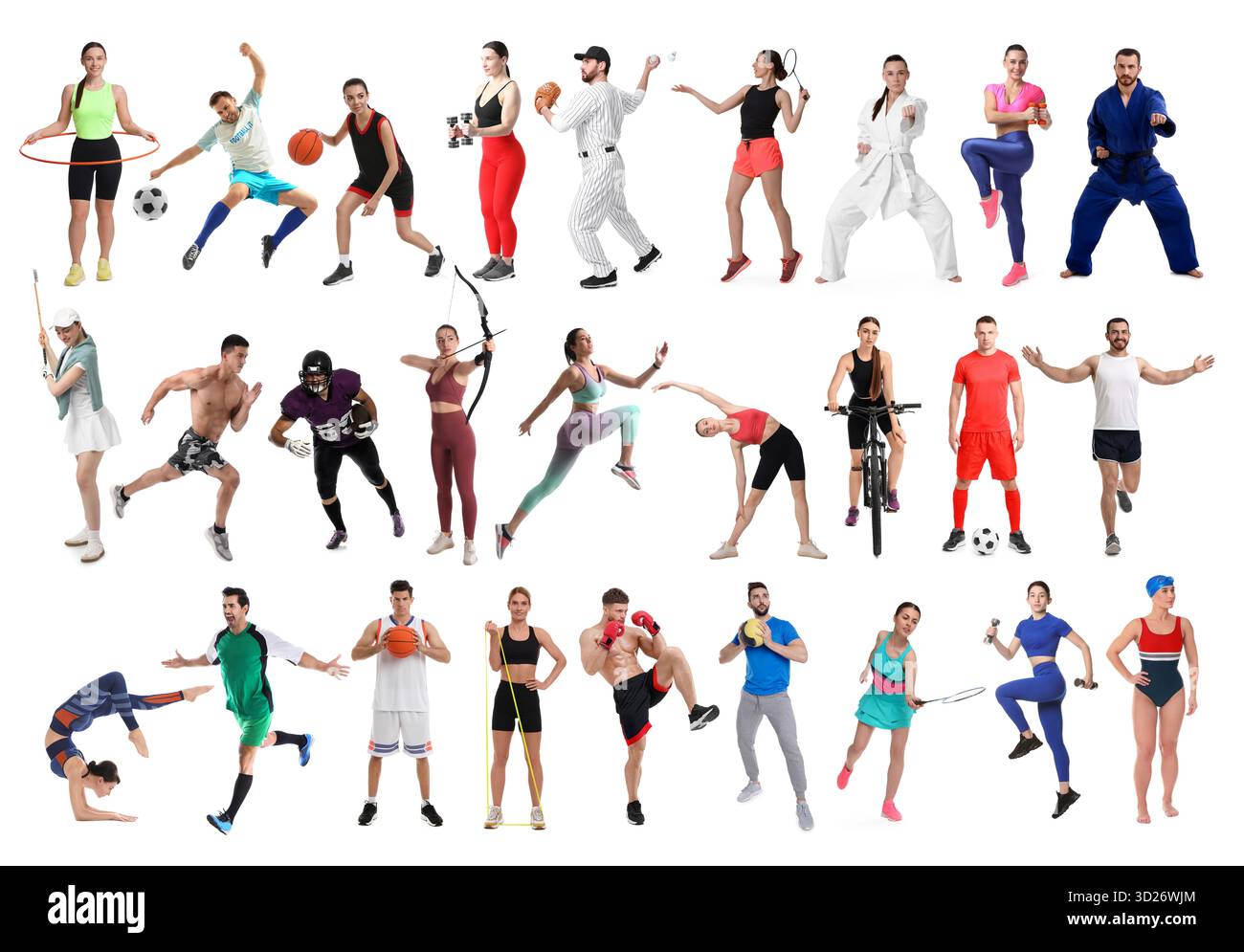 Activités sportives. Différentes personnes en vêtements de sport sur fond blanc, collage Banque D'Images