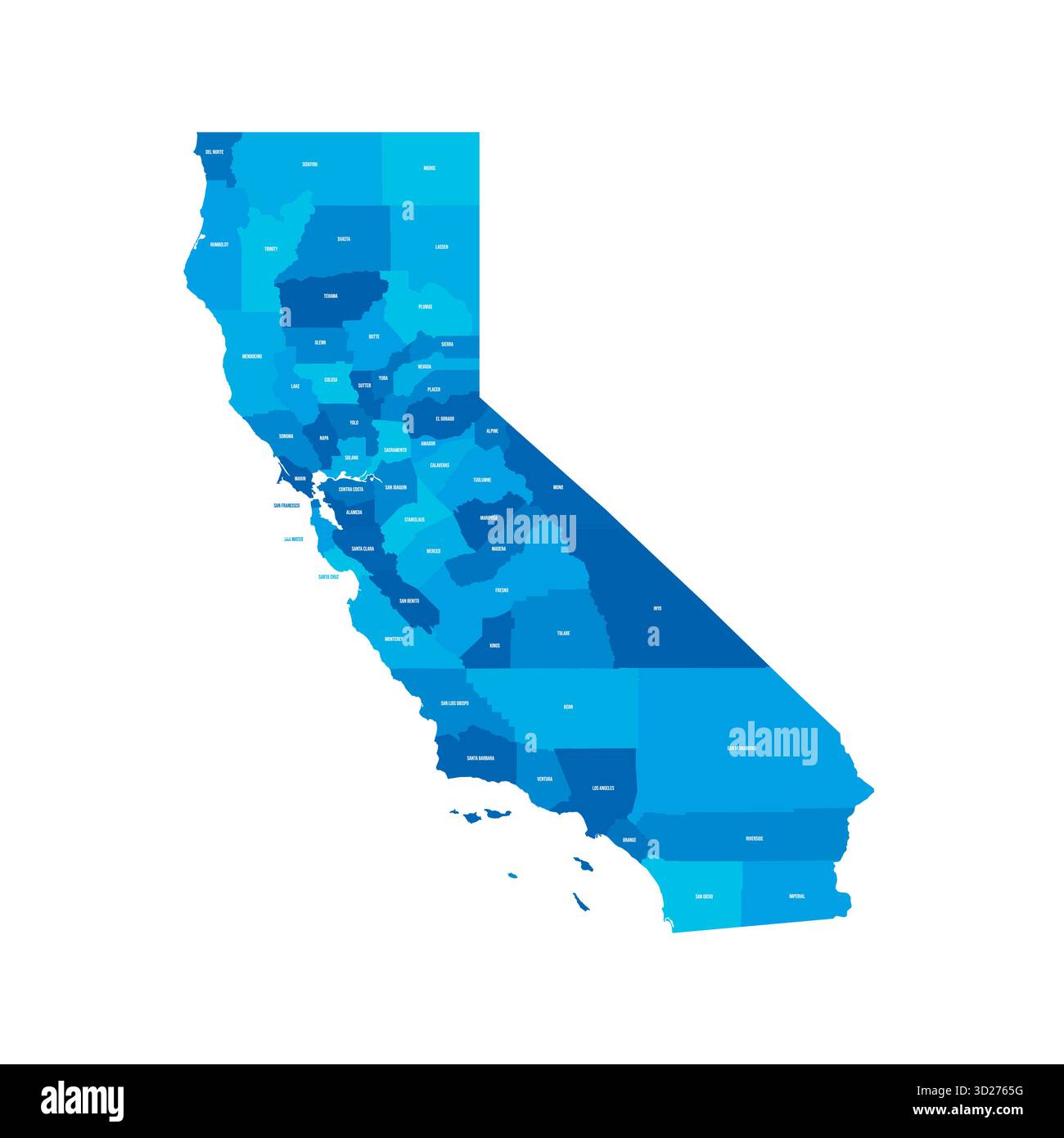 Californie, CA - carte politique détaillée de l'état américain. Carte administrative divisée en comtés. Carte bleue avec étiquettes de nom de comté. Illustration vectorielle Illustration de Vecteur
