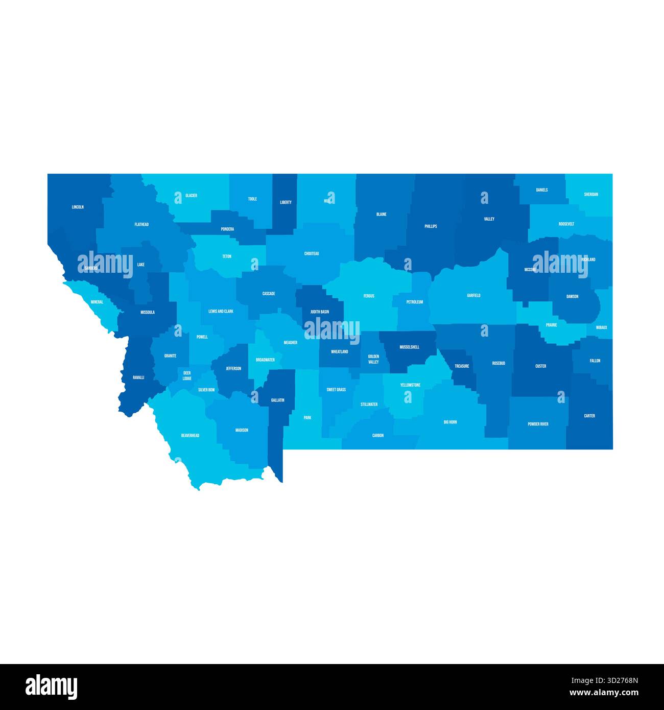 Montana, MT - carte politique détaillée de l'état américain. Carte administrative divisée en comtés. Carte bleue avec étiquettes de nom de comté. Illustration vectorielle Illustration de Vecteur