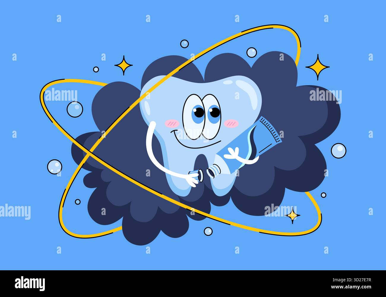 Personnage de dent de dessin animé drôle avec sourire mignon sur le visage et dentifrice dans les mains. Illustration plate mignonne et autocollant, dentisterie, hygiène, nettoyage des dents. Banque D'Images