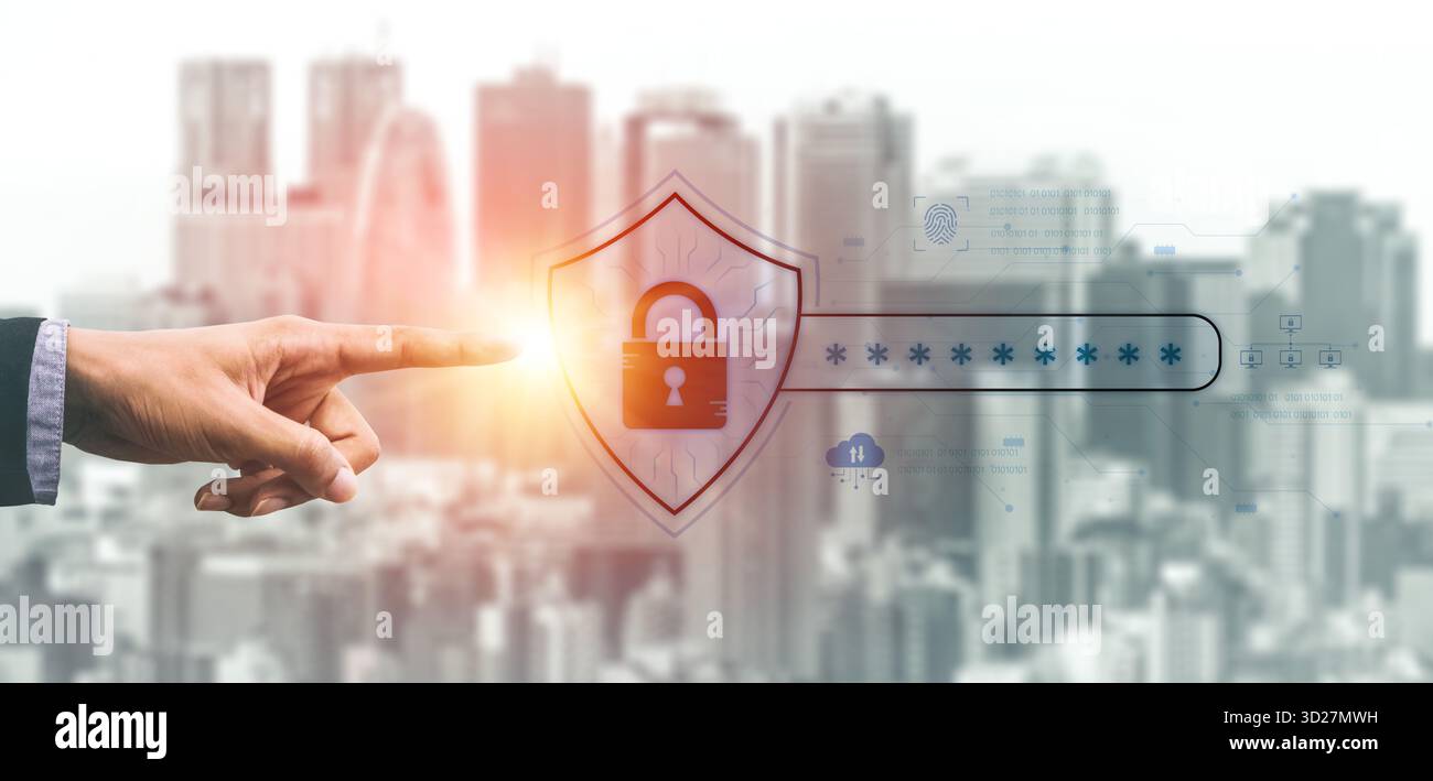 Un concept de sécurité réseau avancée. Ce système combine la protection par mot de passe avec l'authentification biométrique des empreintes digitales et la vérification des données du cloud Banque D'Images