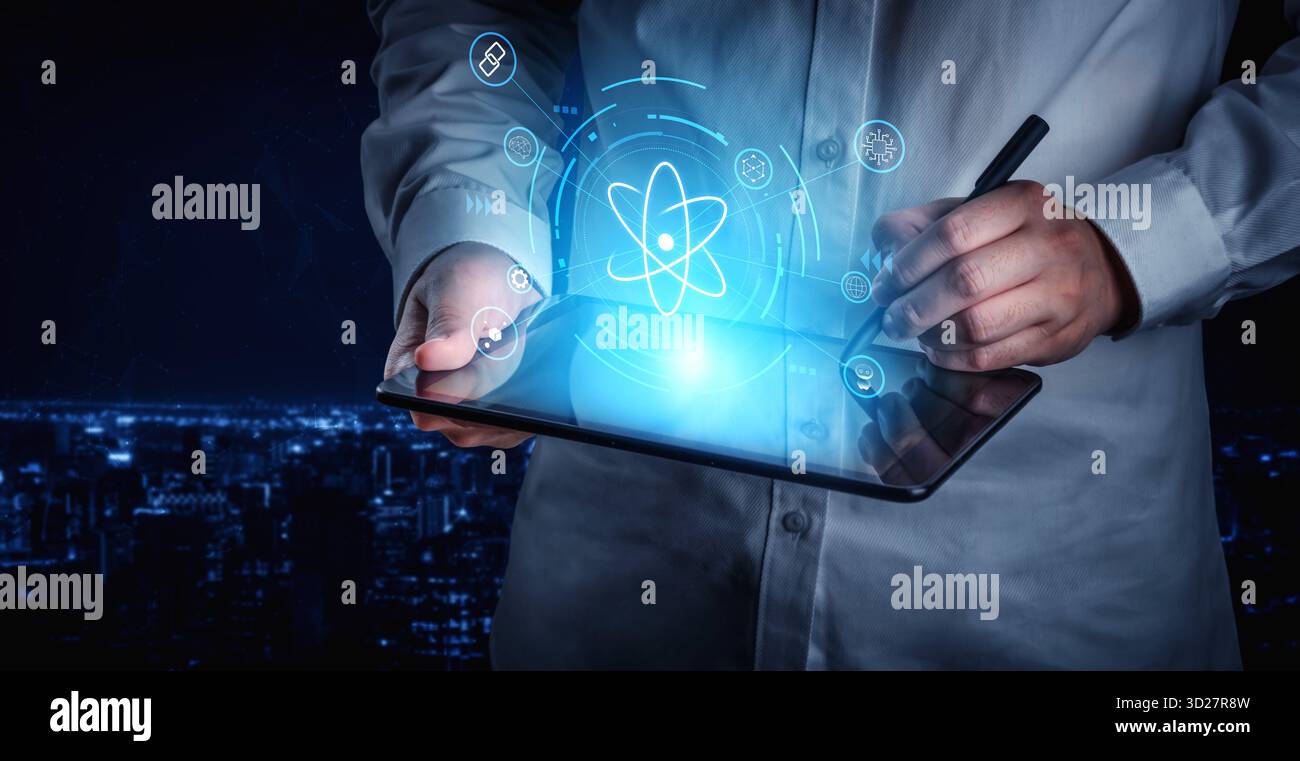 L’écosystème de la technologie quantique comme cœur des innovations futures. La science quantique alimentera les avancées en IA, blockchain et robotique. Motif Banque D'Images