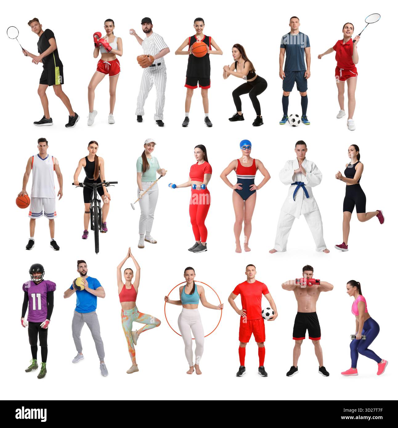 Activités sportives. Différentes personnes en vêtements de sport sur fond blanc, collage Banque D'Images