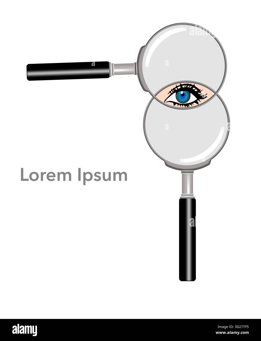 Les loupes se chevauchent pour encadrer l'œil bleu d'une femme dans une illustration graphique en 3D sur les yeux et la vision. Banque D'Images