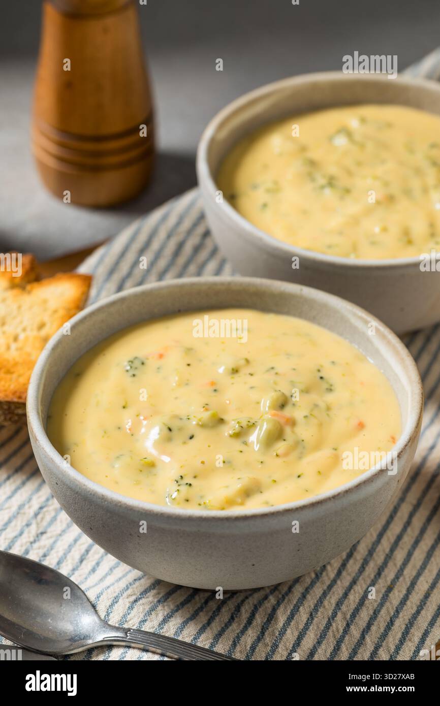Soupe cheddar au brocoli maison copieux avec fromage et carotte Banque D'Images