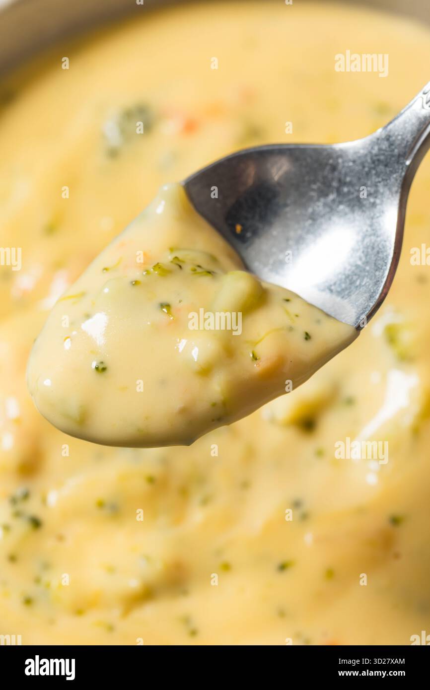 Soupe cheddar au brocoli maison copieux avec fromage et carotte Banque D'Images