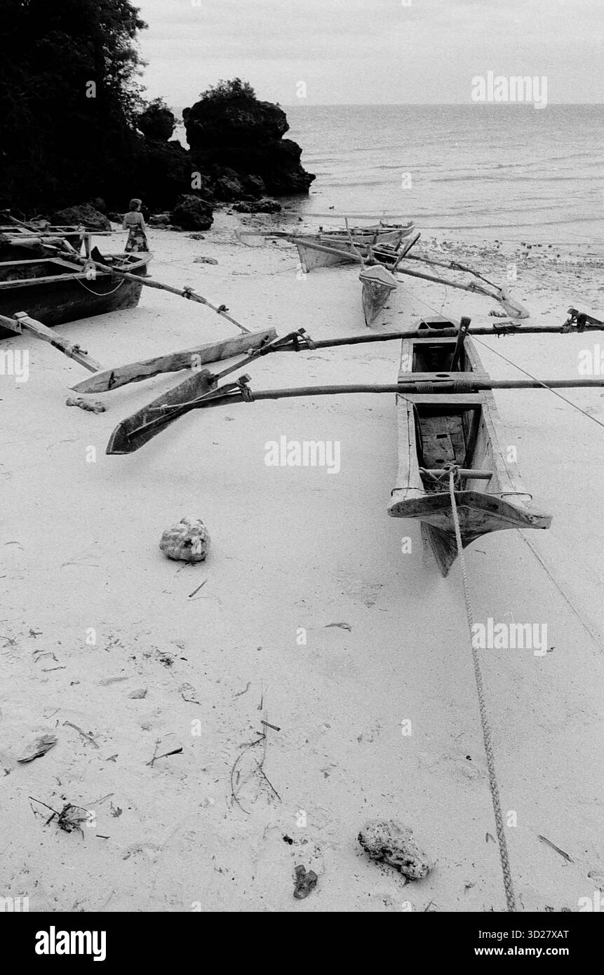 Patrimoine de Zanzibar : les boutres traditionnels reposent sur les rives ensoleillées de Zanzibar, en Tanzanie, les boutres traditionnels - les voiliers emblématiques de l'océan Indien - trouvent du répit. Ces bateaux artisanaux, témoignage de la riche histoire maritime de l’île, sont méticuleusement disposés le long de la plage, en attendant le prochain voyage. Le pouls rythmé de l'océan Indien résonne à travers le sable, transportant les visiteurs vers une ère révolue du commerce des épices et de l'aventure maritime. Banque D'Images
