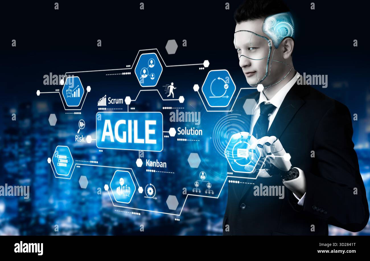 Un homme d'affaires interagit avec une technologie de pointe mettant en valeur la méthodologie agile. Les interfaces numériques représentent les concepts de gestion de projet et Innova Banque D'Images
