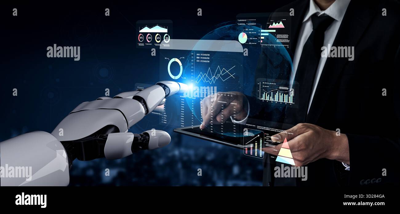 Un tableau de bord des indicateurs clés de performance financiers et marketing de l'IA pour l'analyse commerciale. Un rapport IA montrant les bénéfices, les revenus et les données de taux de conversion des clients. Motif Banque D'Images
