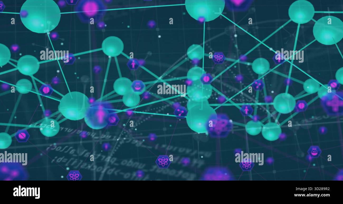 Sphères turquoise flottant dans le web, avec des lignes brillantes, une flèche violette et des icônes d'atome sur la grille de code Banque D'Images