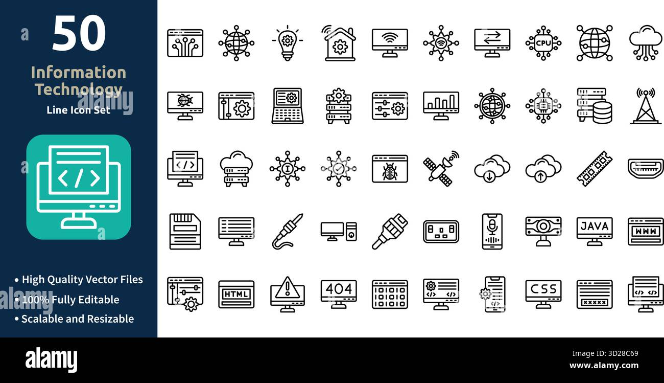 Icône des technologies de l'information définie dans le style contour Minimilist et icône tendance définie Illustration de Vecteur