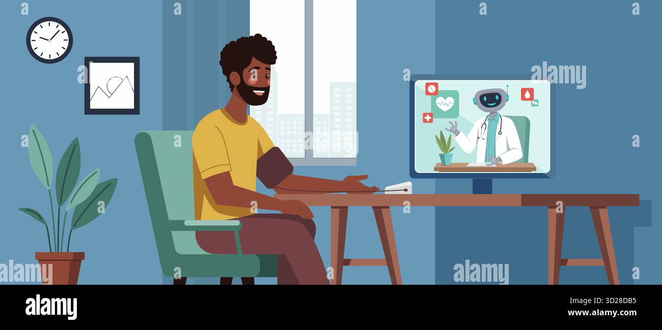 Homme à la peau foncée vérifiant la pression artérielle à la maison lors d'une consultation de télémédecine en ligne avec un robot médecin virtuel sur un écran d'ordinateur, symbolizin Illustration de Vecteur