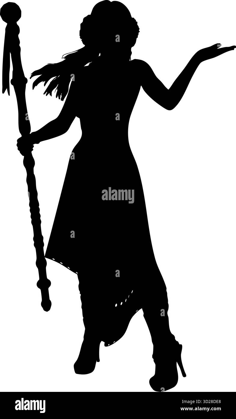 Silhouette d'une mystérieuse sorcière tenant un bâton magique avec une pose confiante. La figure féminine se tient gracieusement, exsudant le pouvoir, le mystère, et f Illustration de Vecteur