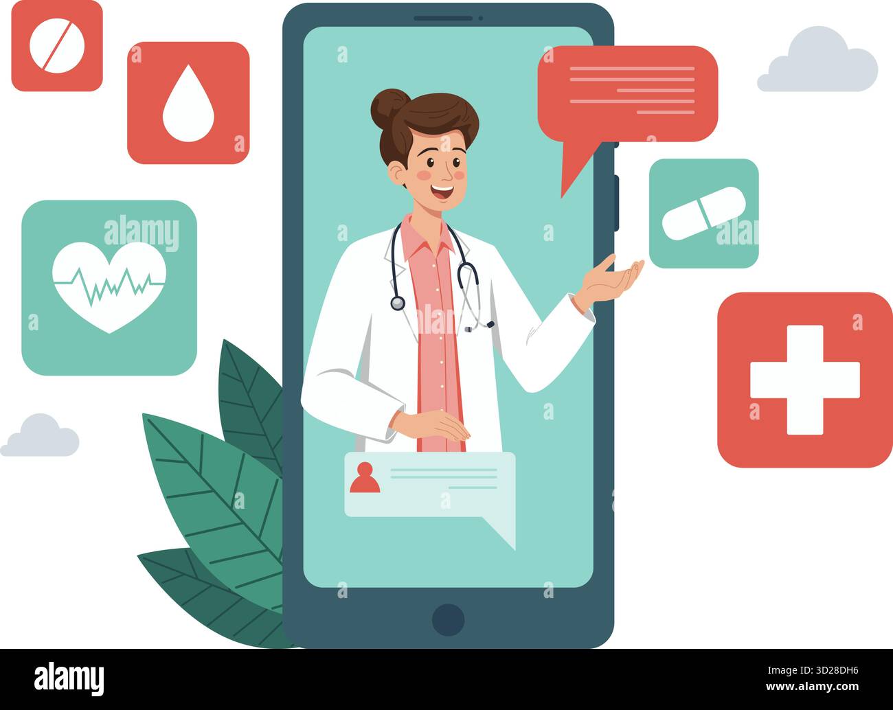Illustration d'un médecin féminin amical fournissant une consultation médicale en ligne via smartphone. Entouré d'icônes de santé, de médecine et de communication Illustration de Vecteur