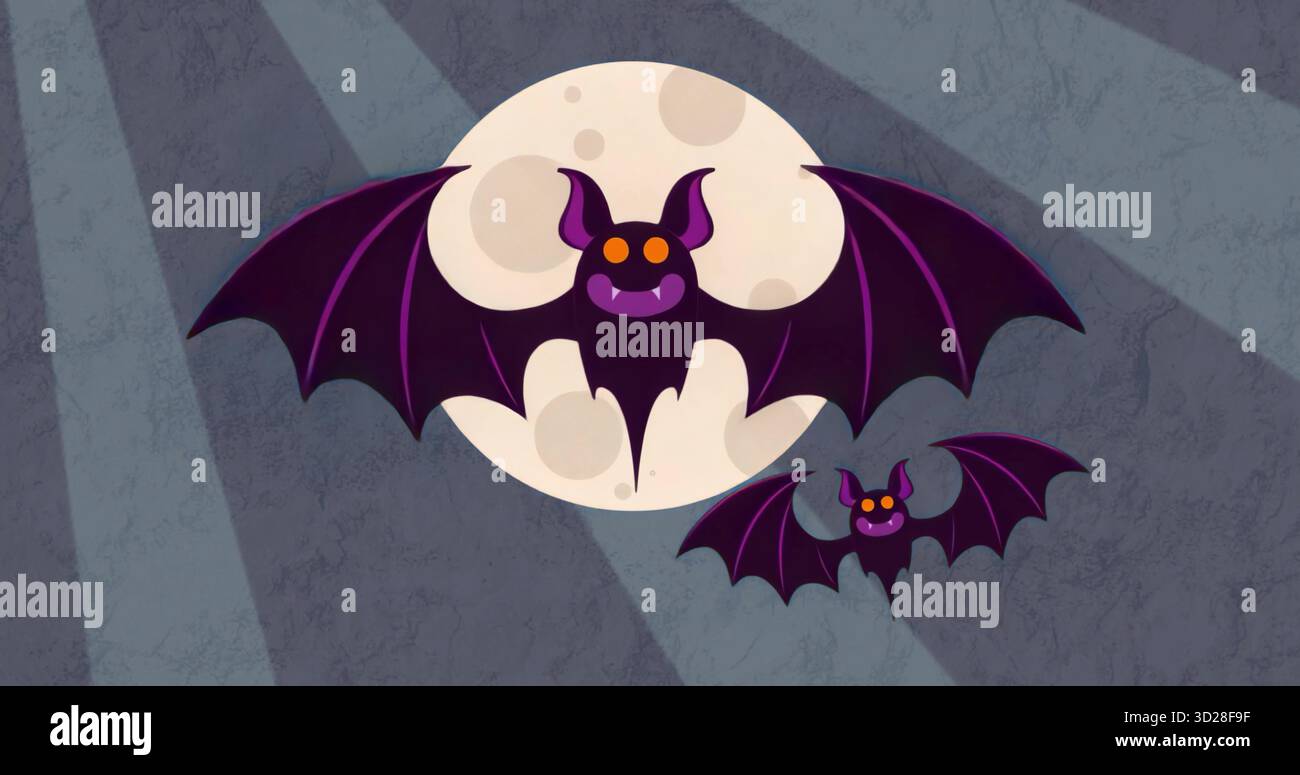 Des chauves-souris volantes de dessins animés battent des ailes violettes foncées à travers le ciel gris nocturne au clair de lune avant la pleine lune Banque D'Images