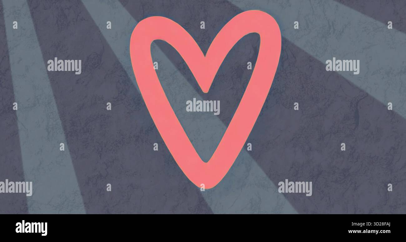 Affichage d'un contour de coeur rose sur fond gris-bleu texturé, avec des faisceaux radiaux plus clairs Banque D'Images