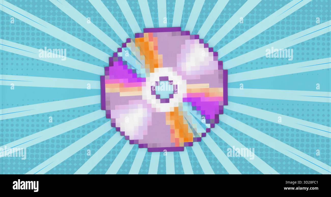Disque compact Pixel art sur fond pop art sarcelle demi-teinte, rayonnant des faisceaux blancs vers l'extérieur Banque D'Images