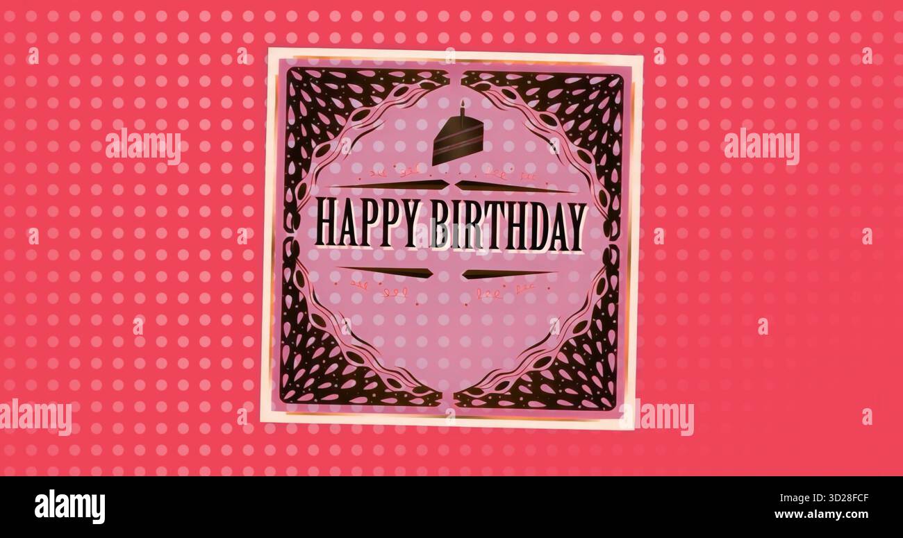 Affichage carte de voeux avec JOYEUX ANNIVERSAIRE contre des pois roses, avec icône de gâteau au chocolat Banque D'Images