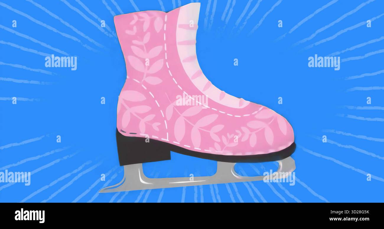 Mettant en vedette la botte de patinage artistique rose avec motif de feuille et lame argentée sur fond bleu vif Banque D'Images