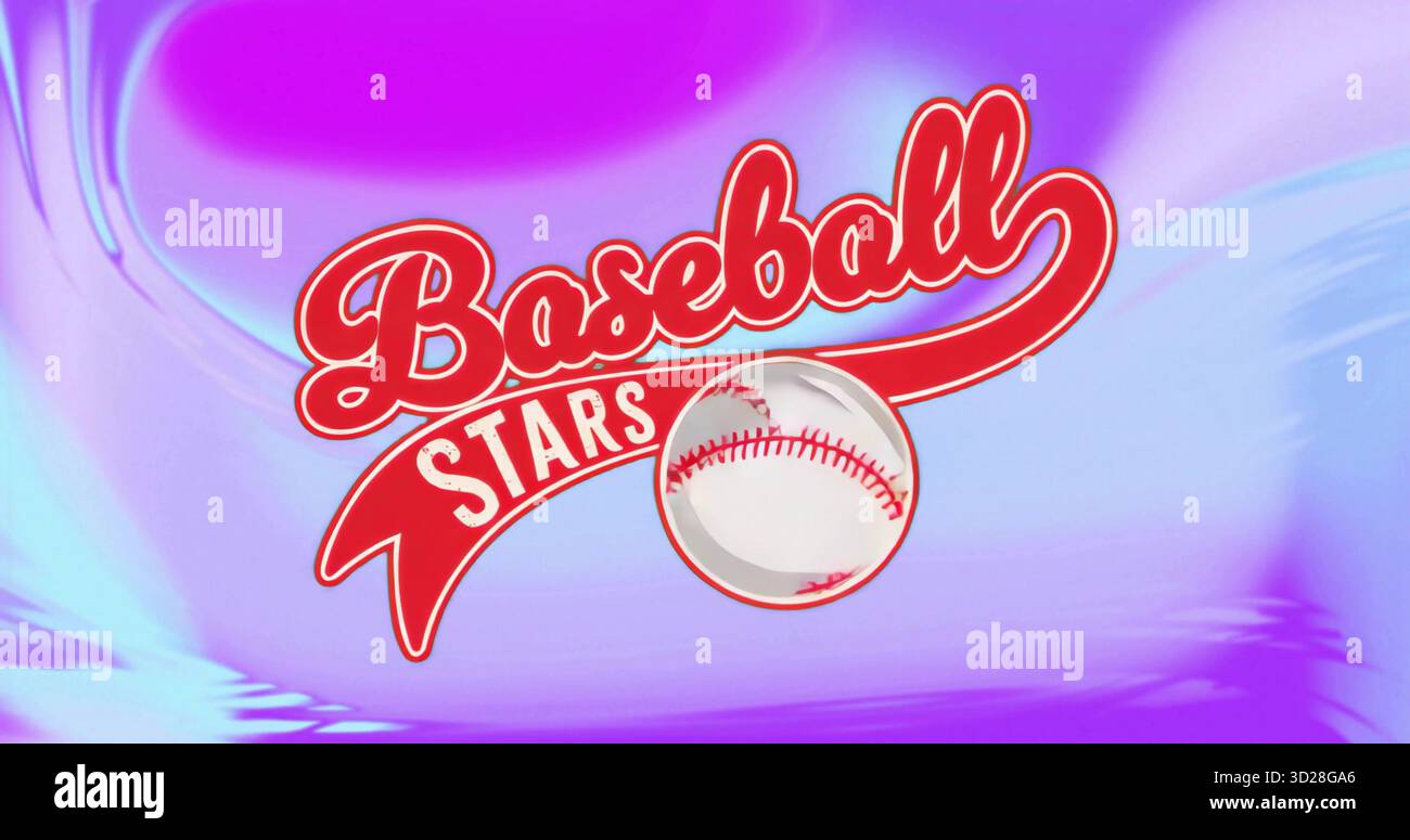 Logo Baseball Stars rouge tournant sur dégradé violet-bleu, avec coutures rouges Banque D'Images