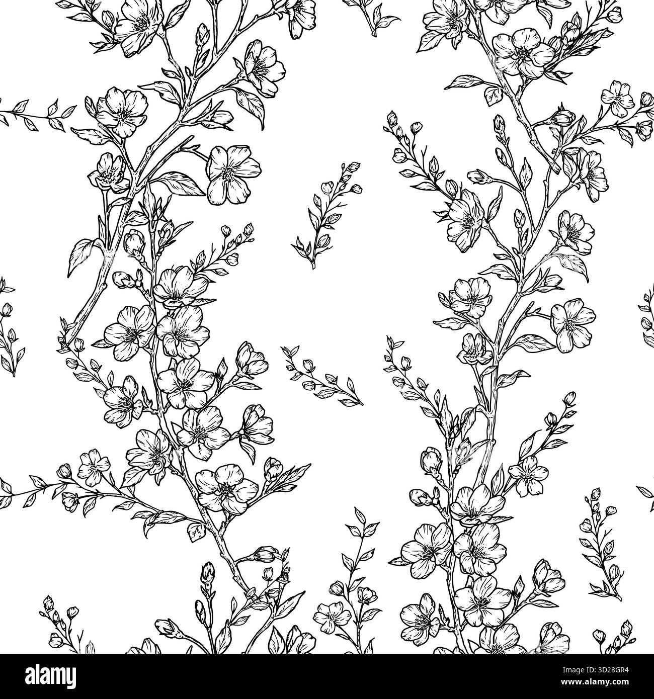 Branche d'arbre à fleurs, modèle sans couture. Illustration vectorielle. Fleurs de printemps sur brindille, ornement isolé sur fond blanc. Motif fleuri estival, costume Illustration de Vecteur