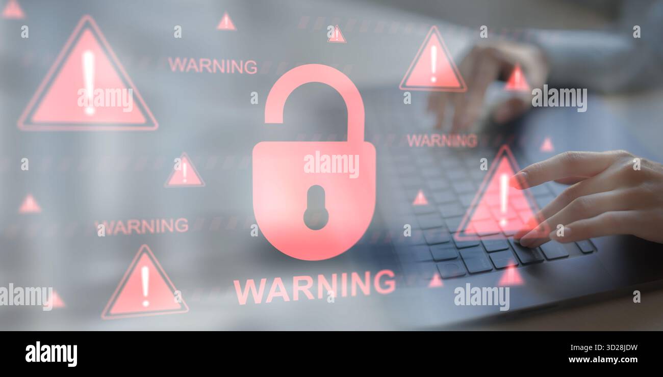 Avertissement de violation critique de cybersécurité avec risques de protection des données. Banque D'Images