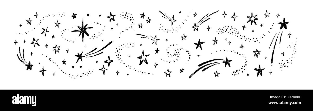 Esquisse de crayon dessinée à la main en arrière-plan des étoiles de l'espace extérieur. Doodle crayon tombant étoiles filantes, comètes, météores, bling, scintillement, glint, nébuleuse, constella Illustration de Vecteur