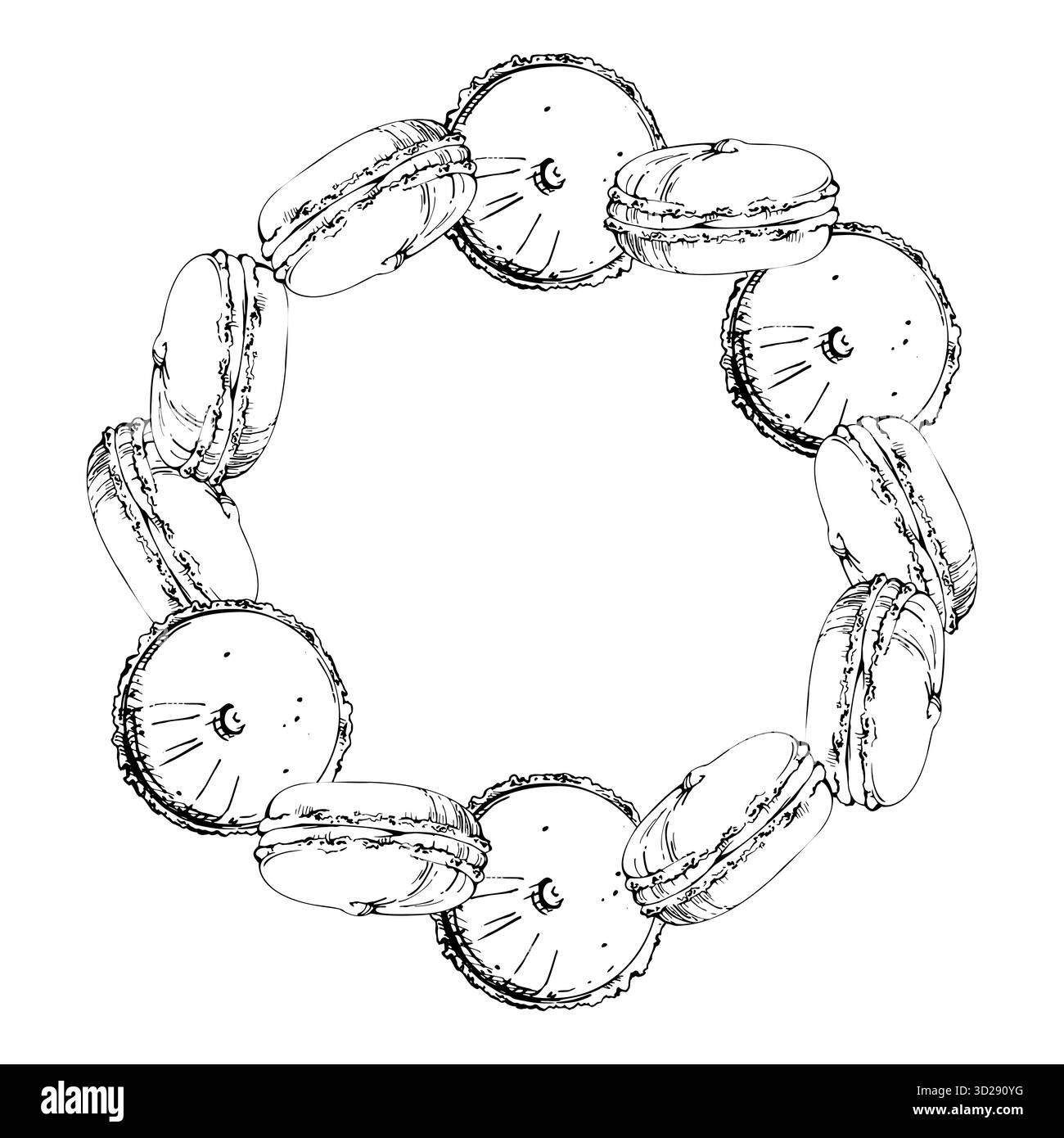 Arrangement de cercles de macarons, sandwichs de gâteau soufflé, tartes blanches fourrées de mousse. Conception isolée de couronne d'encre vectorielle dessinée à la main. Menu sur le thème des desserts Illustration de Vecteur