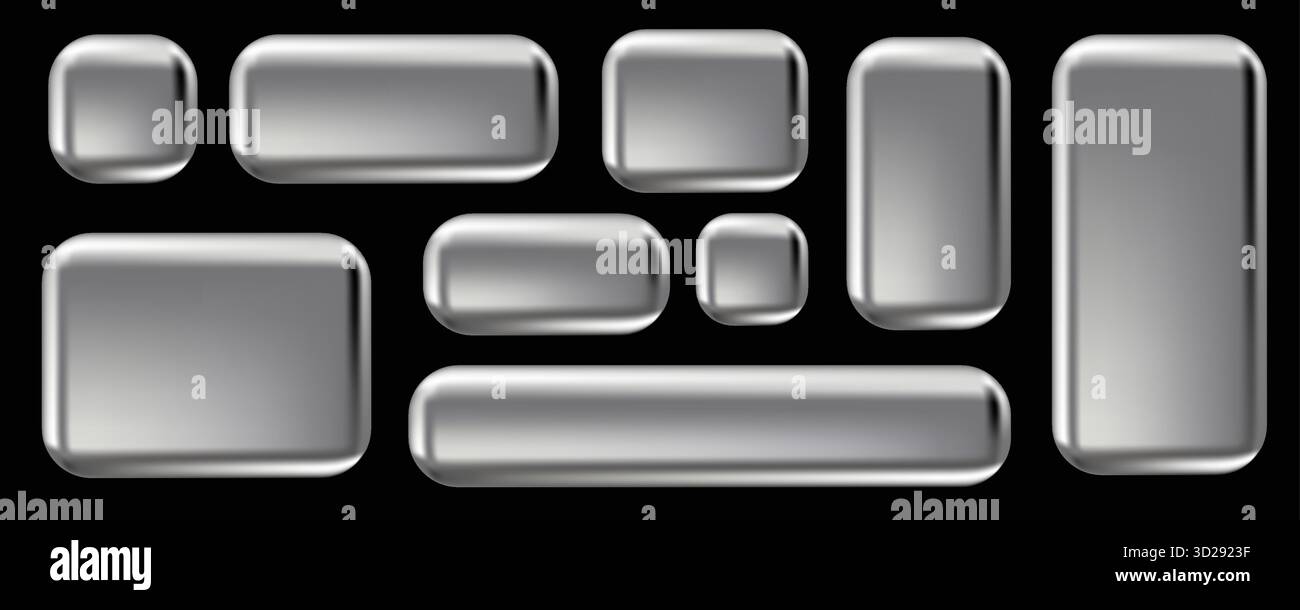 3d Y2K Chrome ensemble de cadres et d'éléments UX Design UI. Ensemble de vecteur de panneaux d'affichage en argent pour la décoration et la couverture. Design moderne et élégant adapté aux sites Web et aux interfaces utilisateur. Illustration de Vecteur