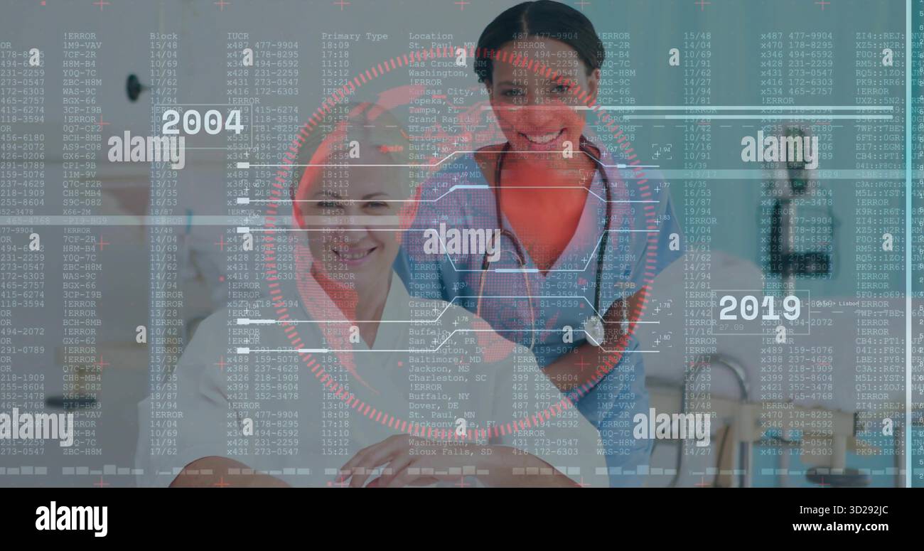 Infirmière souriante dans les gommages touchant l'épaule du patient avec stéthoscope en clinique, superposition chronologique Banque D'Images