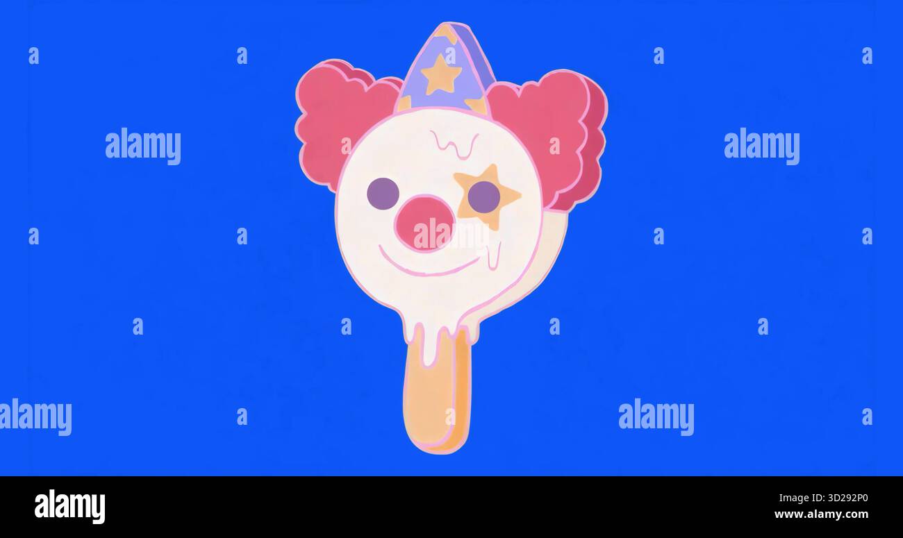 Crème glacée fondante au visage de clown qui coule sur fond bleu, avec détail en bâton en bois. Fantaisiste, ludique, vibrant, dessin animé, amusant, fantaisie, c Banque D'Images