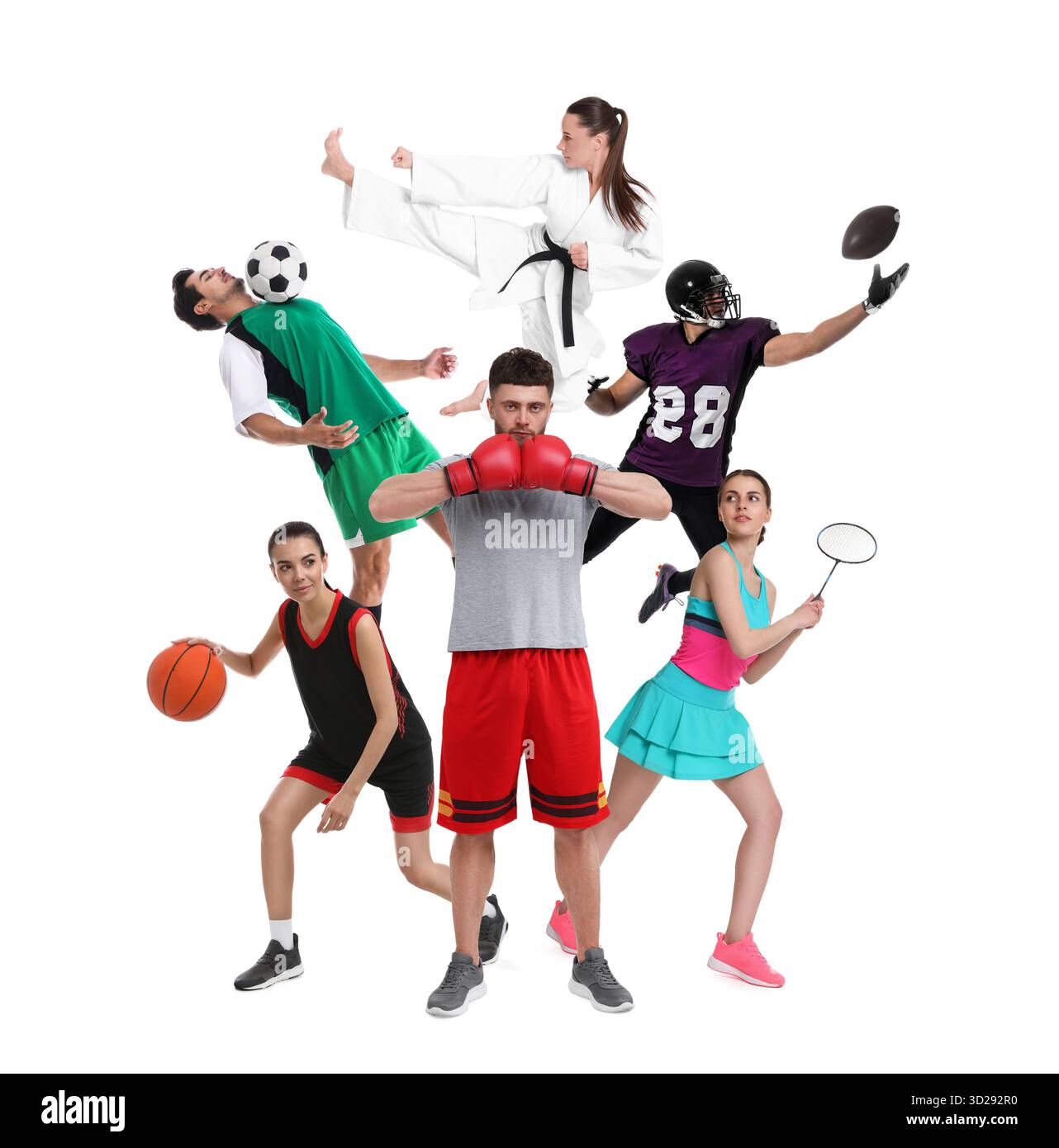 Activités sportives. Différentes personnes en vêtements de sport sur fond blanc, collage Banque D'Images