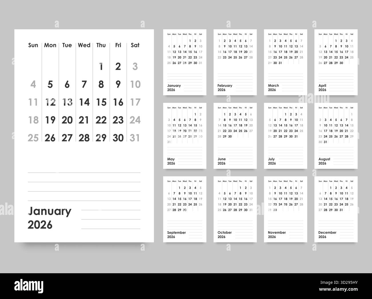 Calendrier 2026 année icône dans un style plat. Illustration vectorielle de planificateur sur fond isolé. Concept commercial de signe de calendrier. Illustration de Vecteur