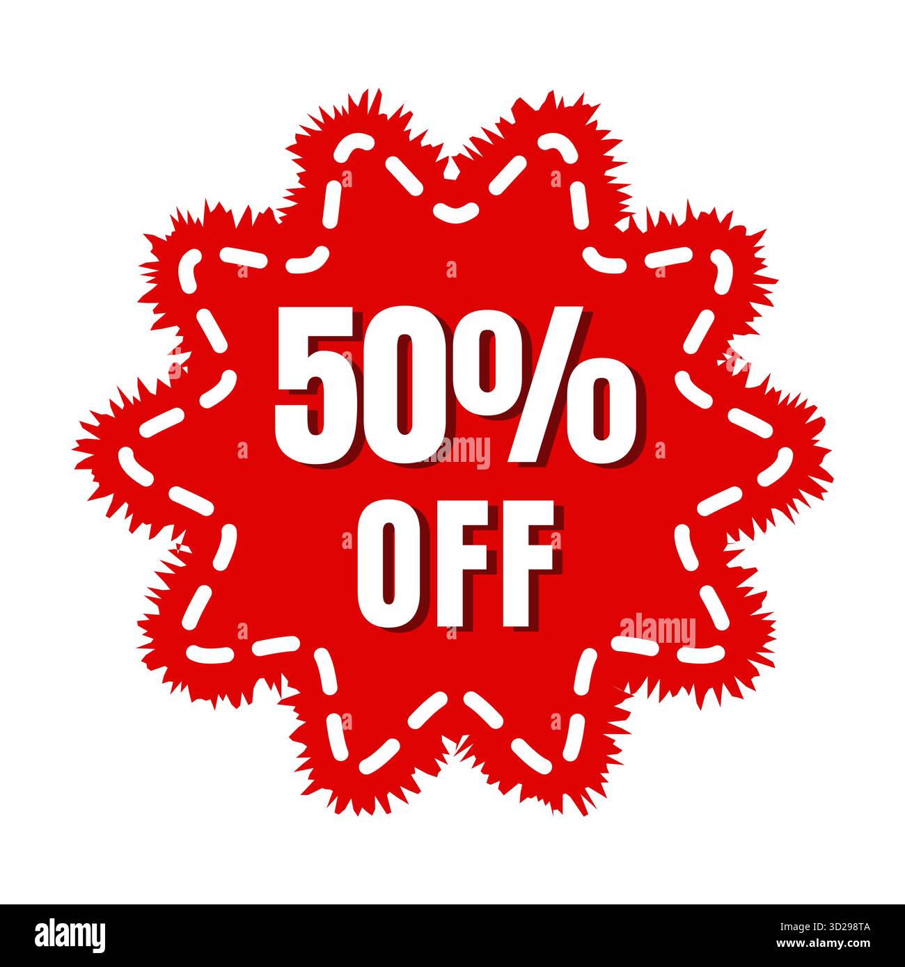 Vecteur d'autocollant rouge de vente Starburst avec 50% de texte blanc et des tirets de rabais parfait pour l'illustration de rabais publicitaire ou la conception numérique de détail Illustration de Vecteur