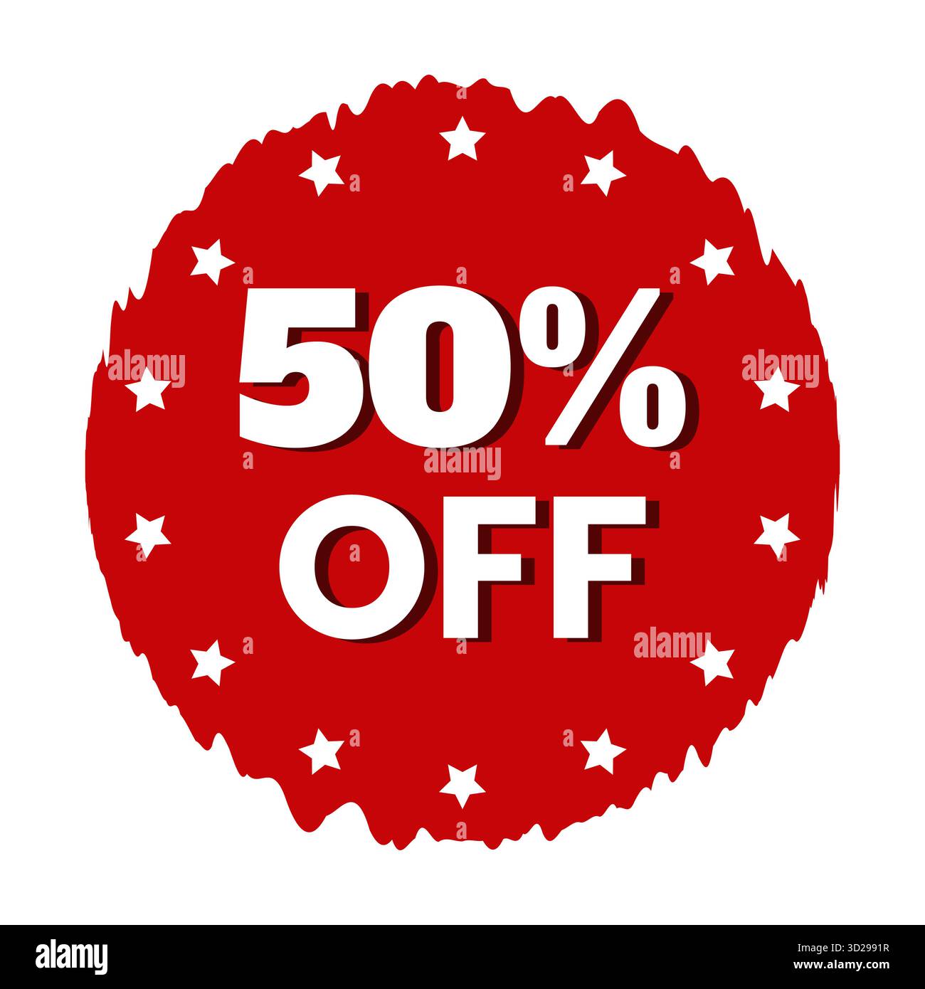 Vecteur d'étiquette de vente rouge avec 50 pour cent de texte blanc et étoiles parfaits pour l'illustration d'offre d'escompte ou le projet de conception de publicité de détail numérique Illustration de Vecteur