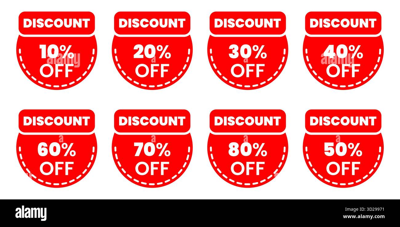 Divers vecteurs rouges d'étiquettes de vente d'escompte montrant différents pourcentages d'offres parfaits pour les étiquettes de détail de bannières de magasin de vente de publicité de promotion Illustration de Vecteur
