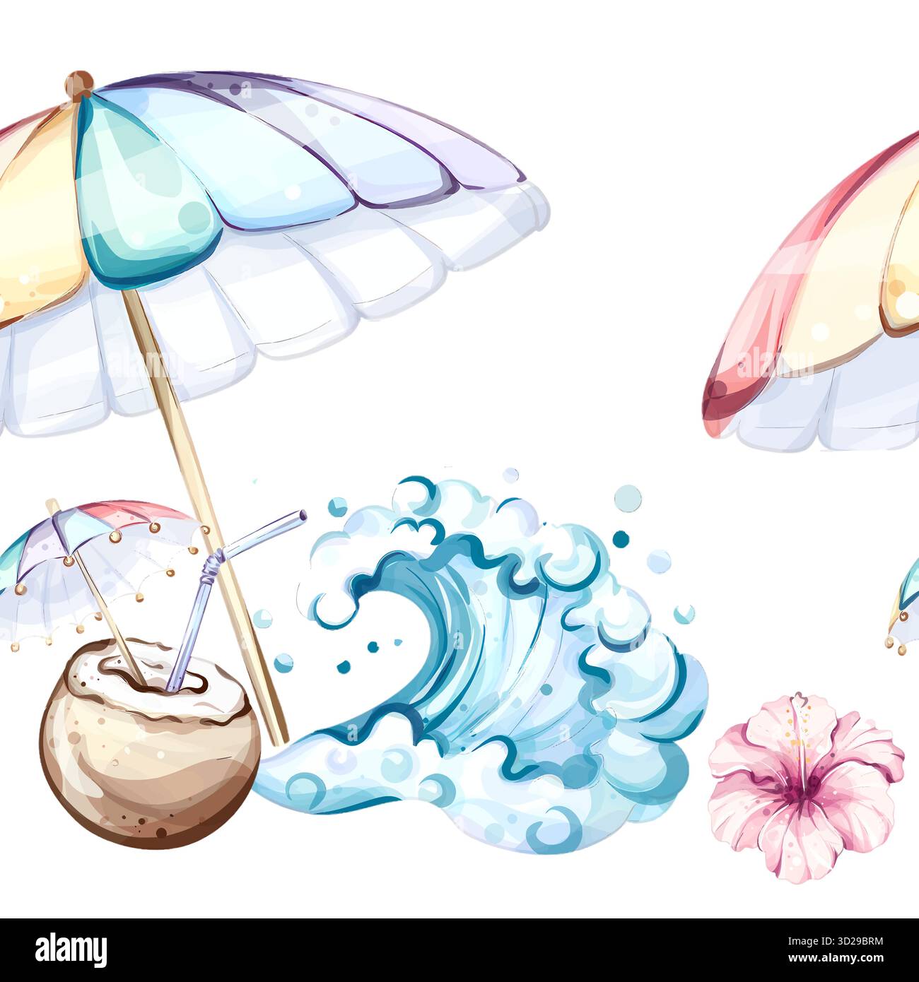 Fond d'écran sans couture avec parasols colorés, boissons rafraîchissantes à la noix de coco, vagues de l'océan et fleurs tropicales parfaites pour Illustration de Vecteur