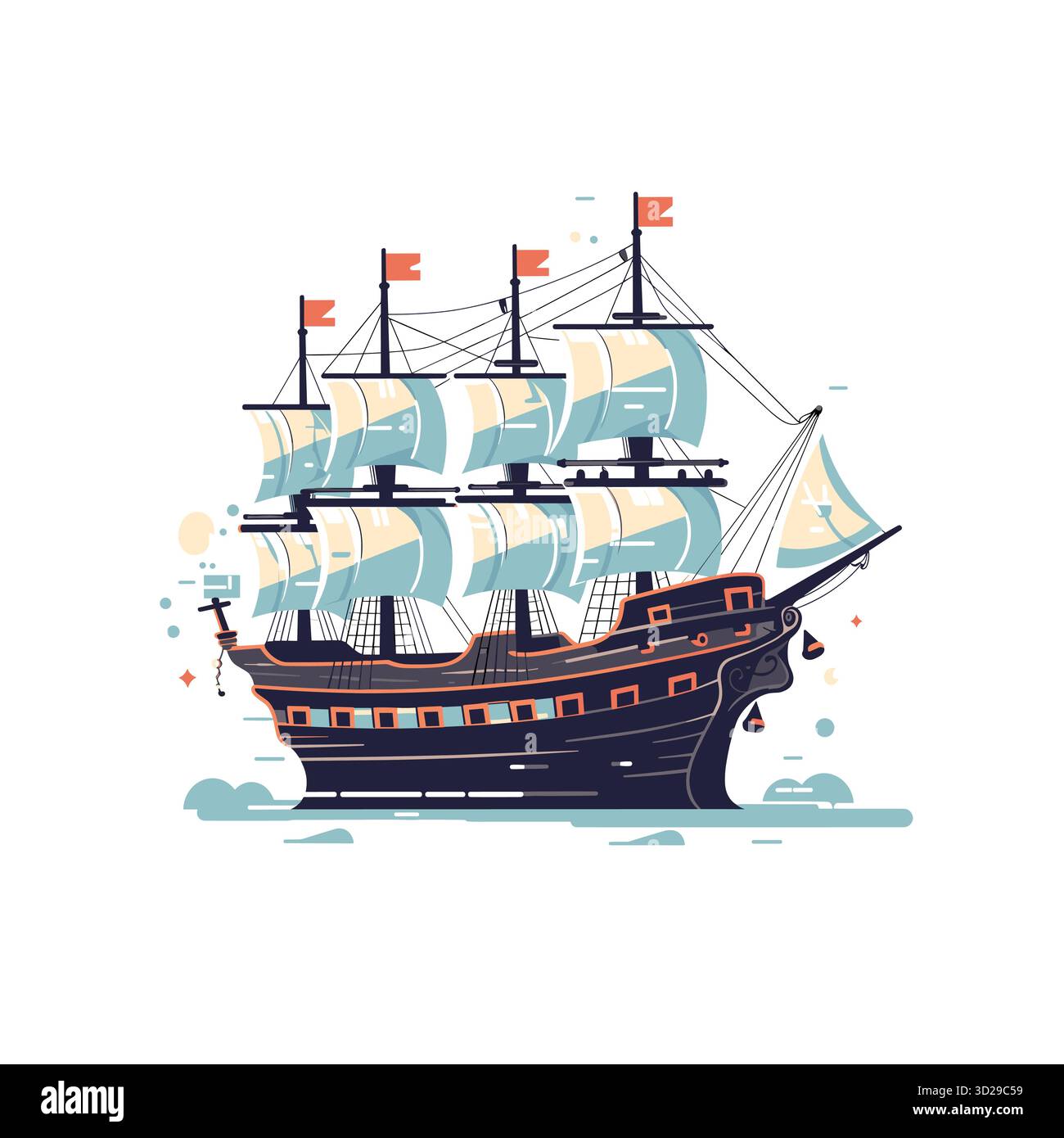 Le voilier vintage navigue à travers l'océan, voiles bondissant dans le vent Illustration de Vecteur