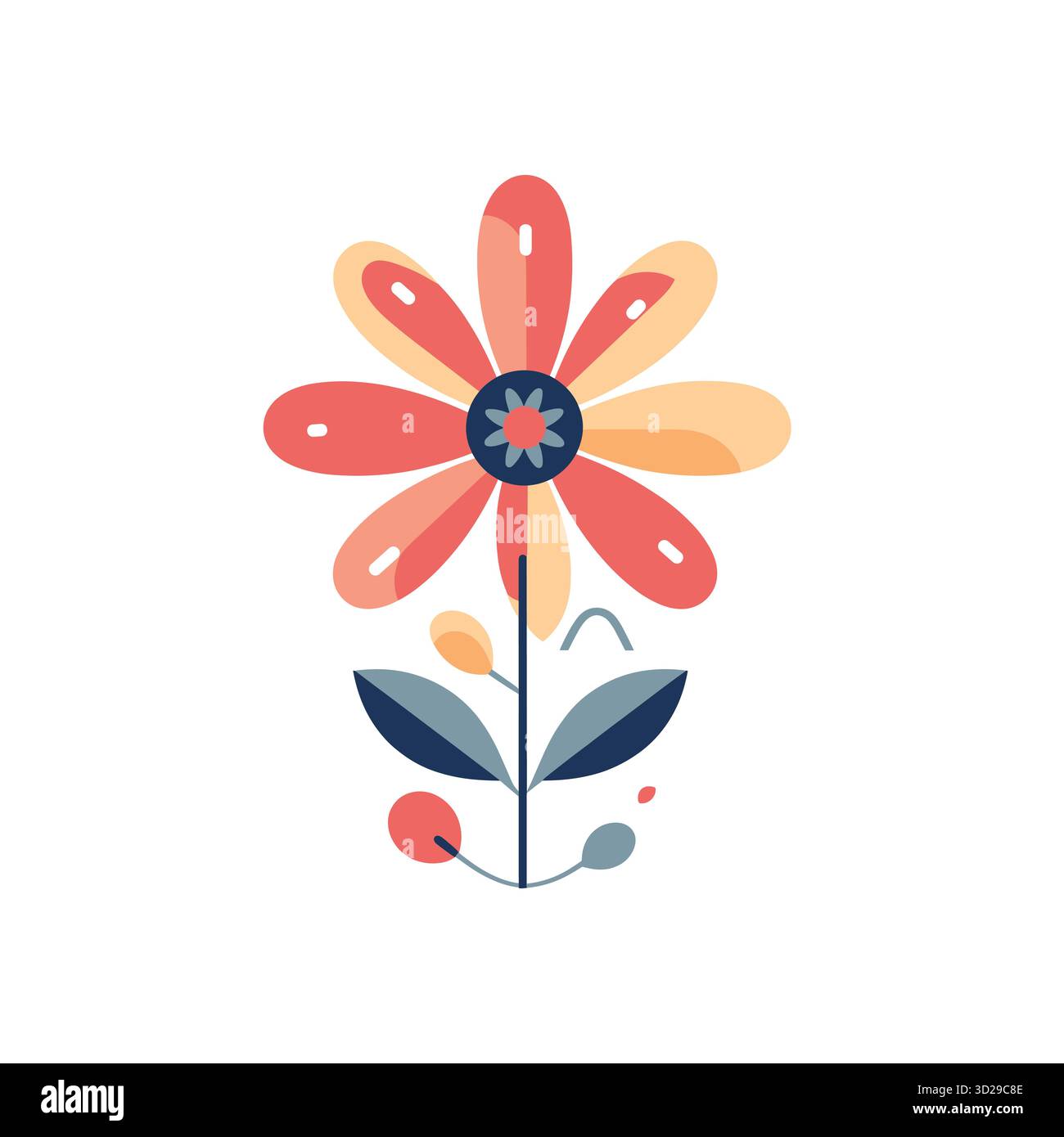 Illustration de fleurs colorées avec des pétales symétriques et des feuilles stylisées sur un fond blanc Illustration de Vecteur