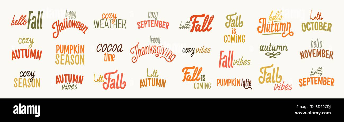 Ensemble de vecteur de lettrage d'automne avec des citations d'automne confortables et une typographie saisonnière. Phrases manuscrites comme Hello Fall, Pumpkin Season et Cozy Vibes in Warm Illustration de Vecteur